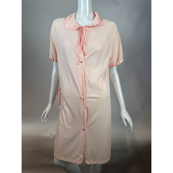 Vintage Sears Pink Nylon Short Sleeve Button-Front Nightgown With Satin Trim & P - Picture 12 of 16
